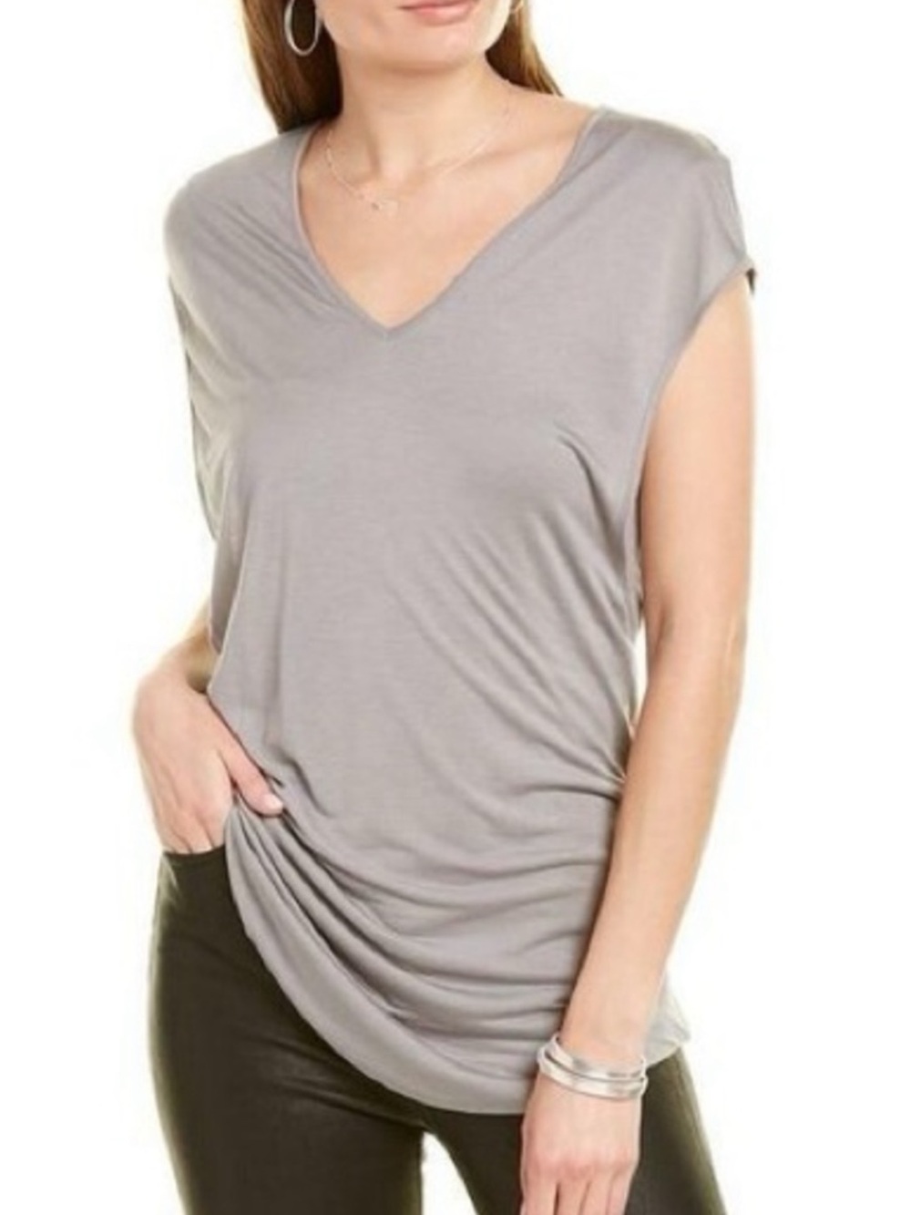 Helmut Lang Light Gray V-Neck Cap Sleeve Top